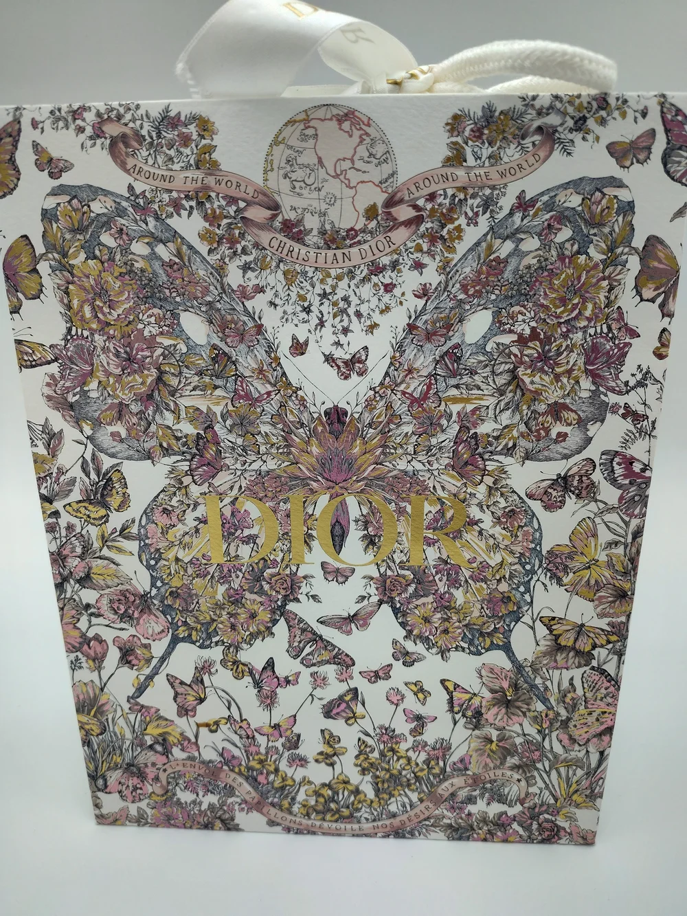DIOR Butterfly Floral Around The World Gift Bag Gold Star Charm Ribbon PRISTINE